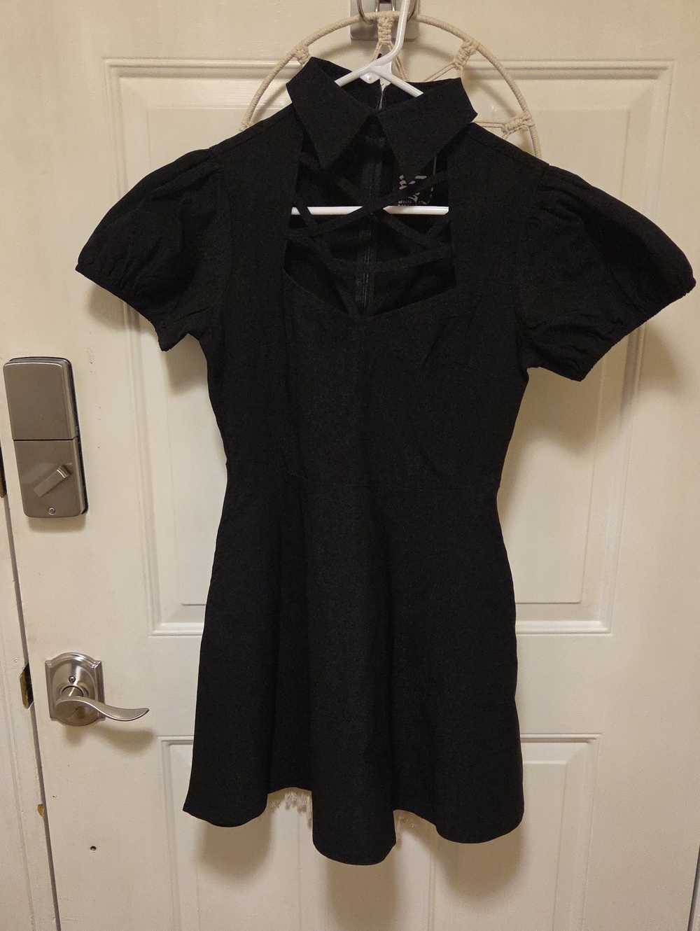 Killstar Black Short Sleeve Collared Mini Dress with Lattice Neckline